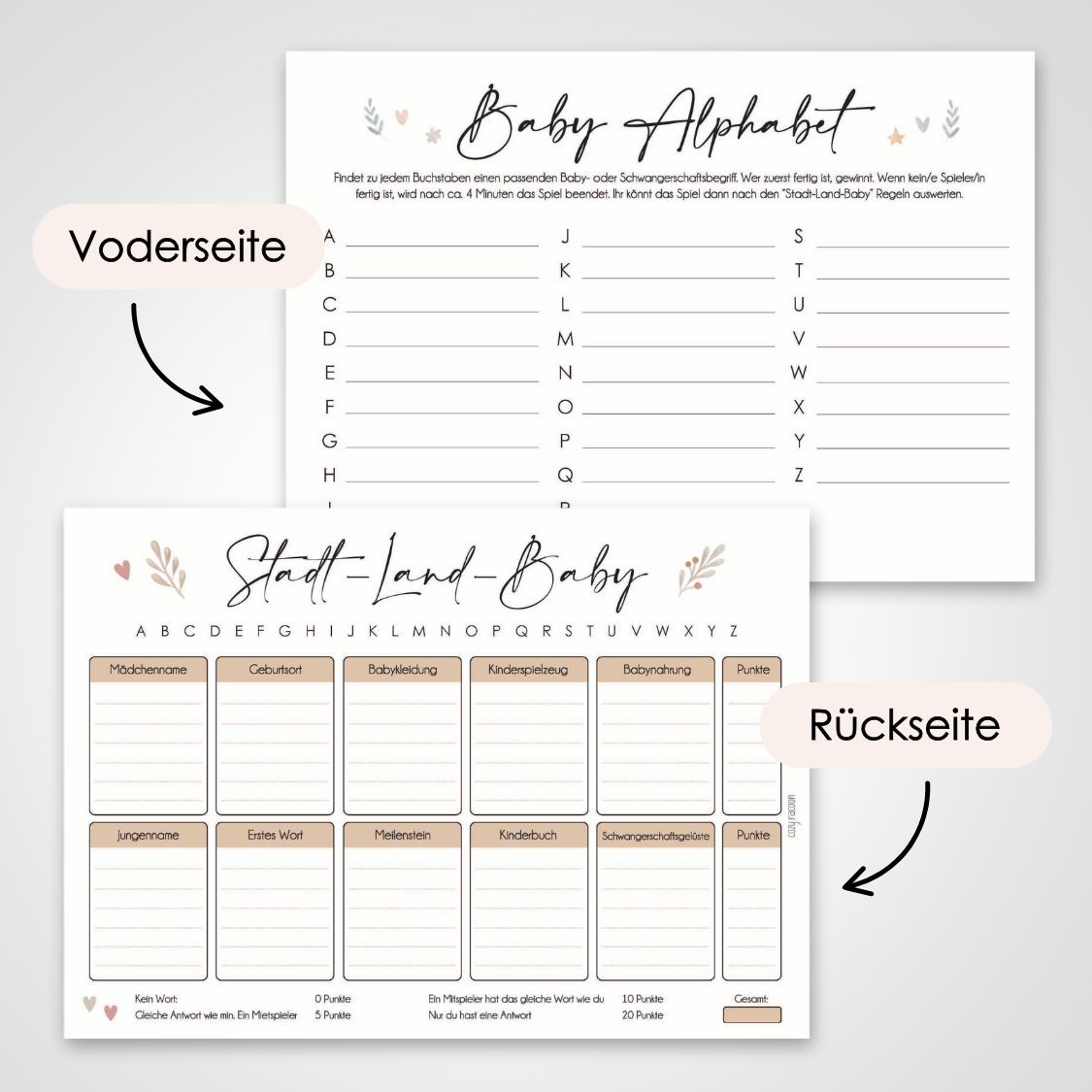 Glamour | 5 Babyparty Spiele für 12 Spieler - Babyparty Geschenk, Karten zum Ausfüllen Partyspiele Babyshower