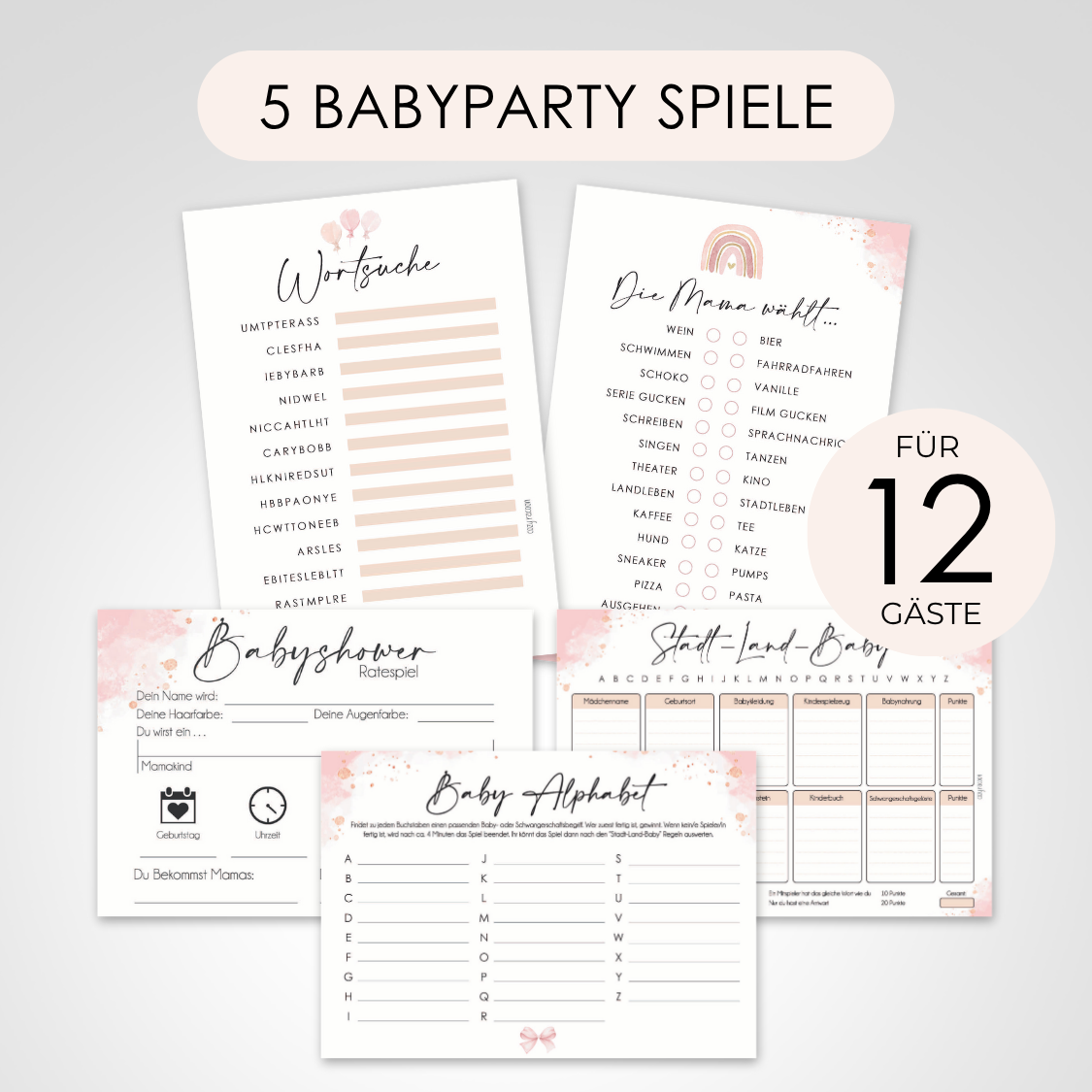 Rosa | 5 Babyparty Spiele für 12 Spieler - Babyparty Geschenk, Karten zum Ausfüllen Partyspiele Babyshower