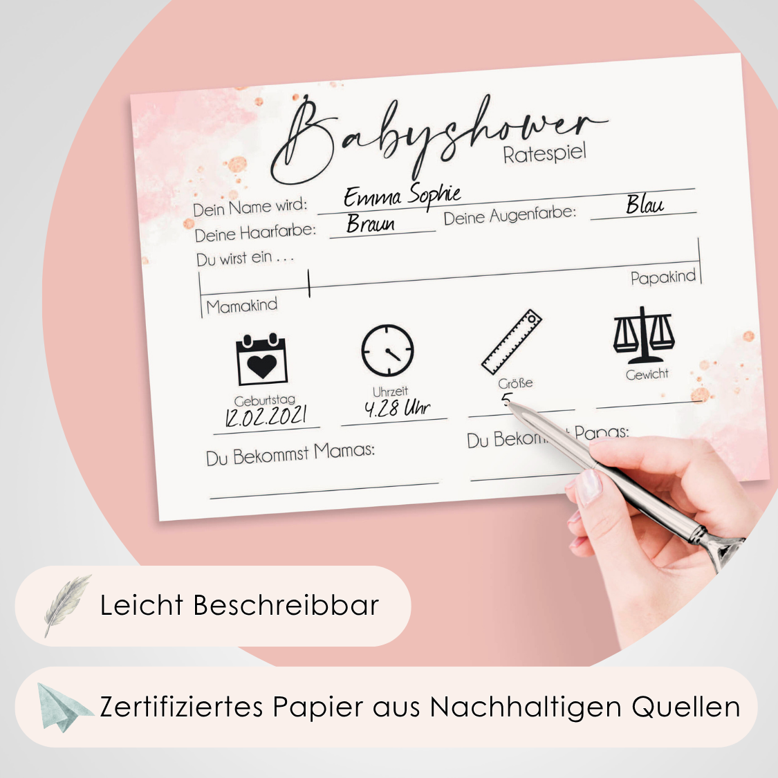 Rosa | 5 Babyparty Spiele für 12 Spieler - Babyparty Geschenk, Karten zum Ausfüllen Partyspiele Babyshower