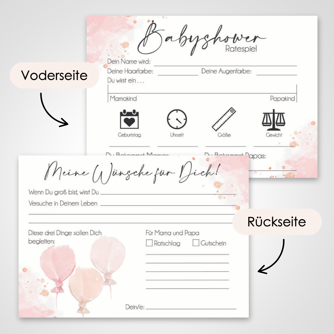 Rosa | 5 Babyparty Spiele für 12 Spieler - Babyparty Geschenk, Karten zum Ausfüllen Partyspiele Babyshower