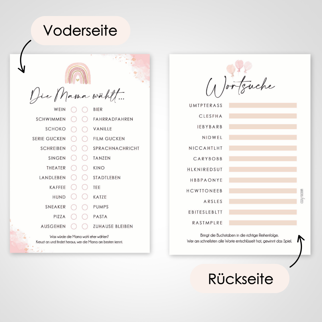 Rosa | 5 Babyparty Spiele für 12 Spieler - Babyparty Geschenk, Karten zum Ausfüllen Partyspiele Babyshower