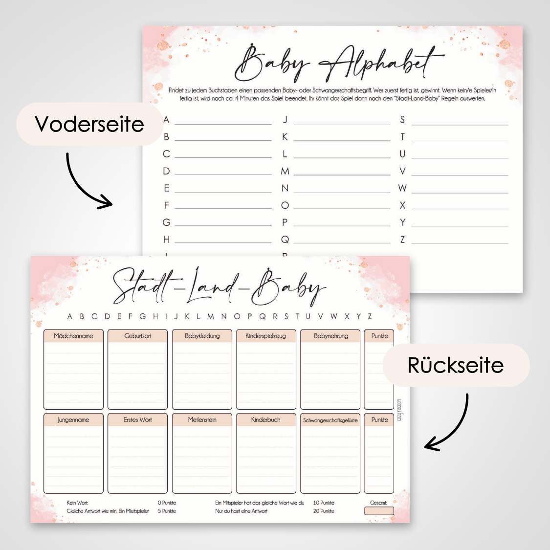 Rosa | 5 Babyparty Spiele für 12 Spieler - Babyparty Geschenk, Karten zum Ausfüllen Partyspiele Babyshower
