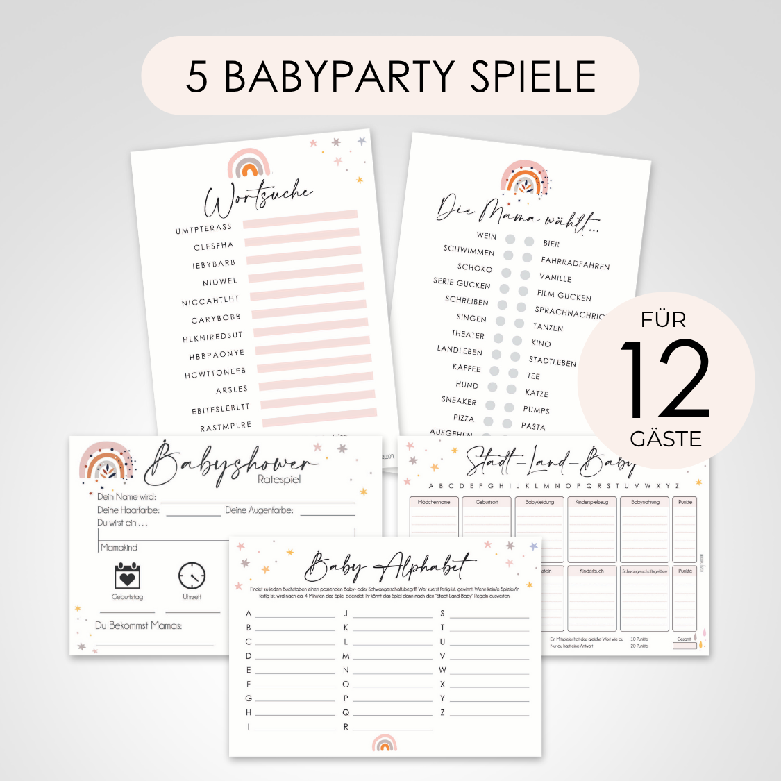 Wolken | 5 Babyparty Spiele für 12 Spieler - Babyparty Geschenk, Karten zum Ausfüllen Partyspiele Babyshower