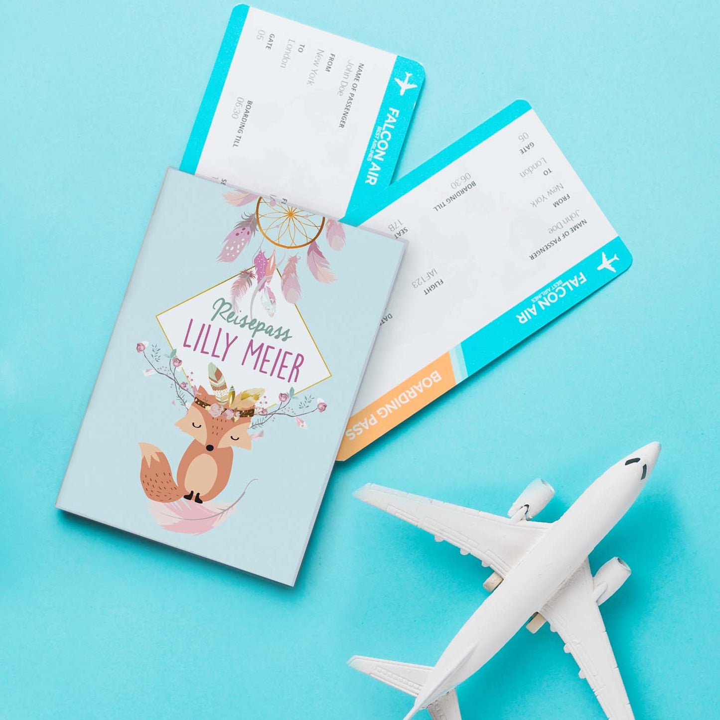 Boho Fuchs Blau Reisepasshülle für Kinder Mit Personalisierung