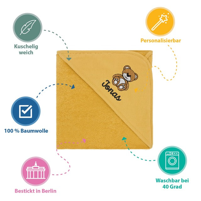 Senf Kinder Kapuzenhandtuch Bestickt mit Namen oder Wunschtext