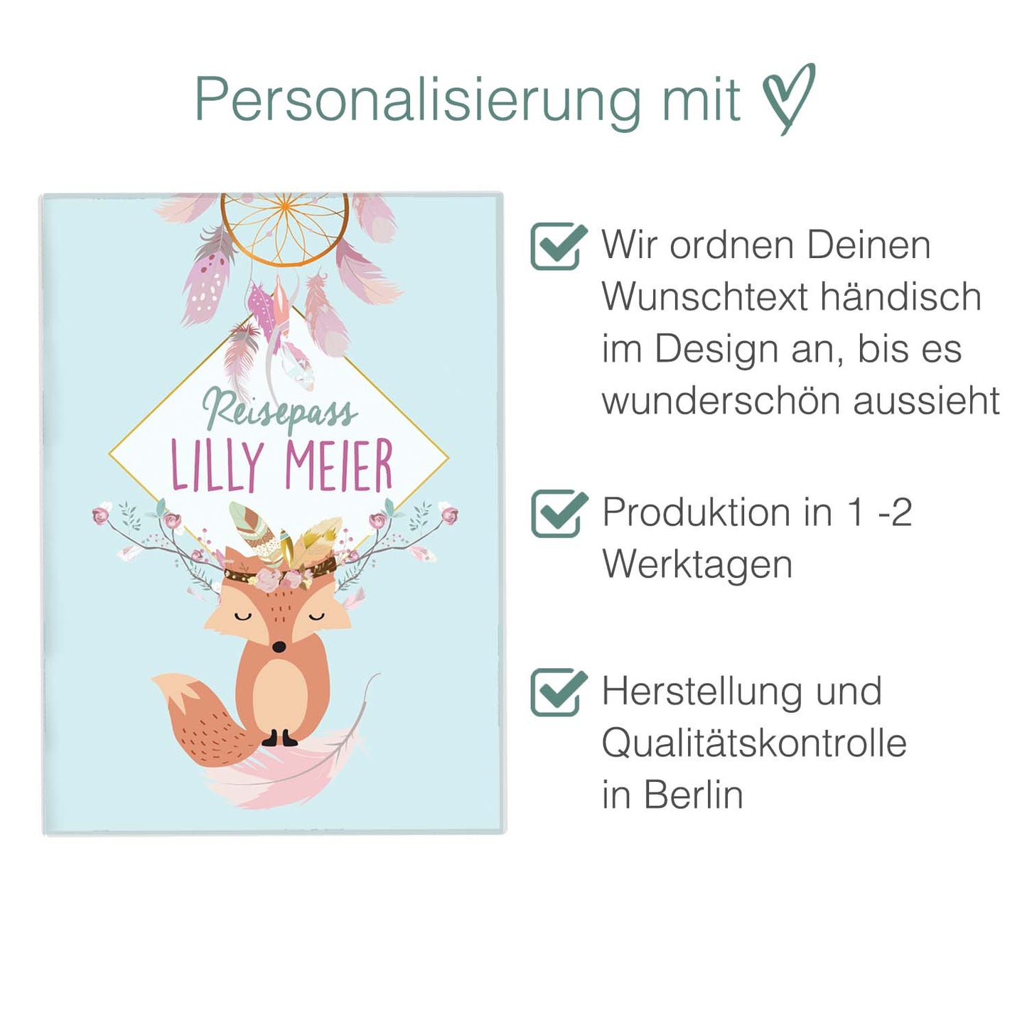 Boho Fuchs Blau Reisepasshülle für Kinder Mit Personalisierung