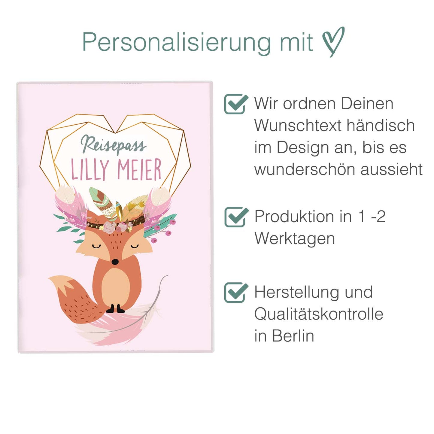 Boho Fuchs Rosa Reisepasshülle für Kinder Mit Personalisierung