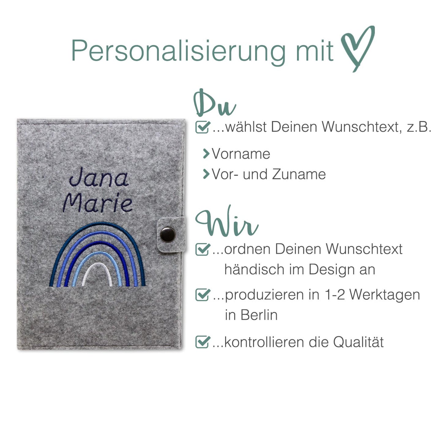 Regenbogen Blau Mutterpasshülle aus Filz Mit Personalisierung