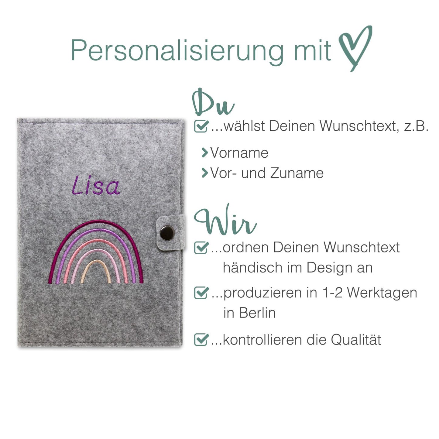 Regenbogen Rosa Mutterpasshülle aus Filz Mit Personalisierung