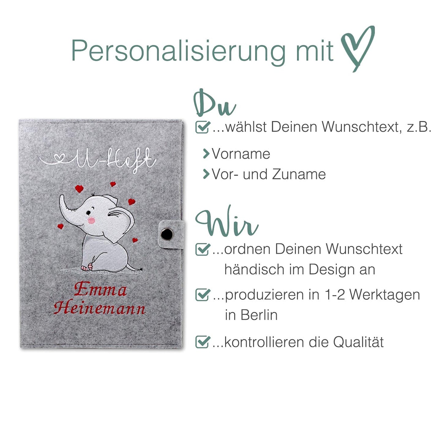Elefant U-Heft und Impfpasshülle aus Filz Mit Personalisierung