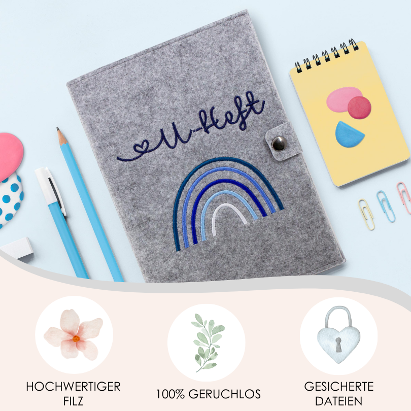 Regenbogen Blau U-Heft und Impfpasshülle aus Filz Ohne Personalisierung