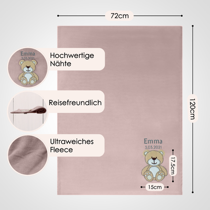 Decke Altrosa Mit Bär | Babydecke Bestickt mit Namen und Geburtsdatum