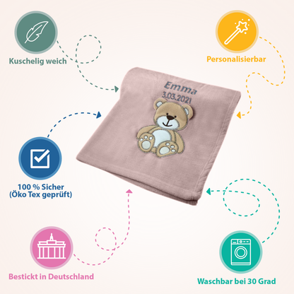 Decke Altrosa Mit Bär | Babydecke Bestickt mit Namen und Geburtsdatum