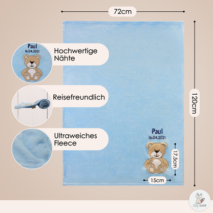 Decke Blau Mit Bär | Babydecke Bestickt mit Namen und Geburtsdatum