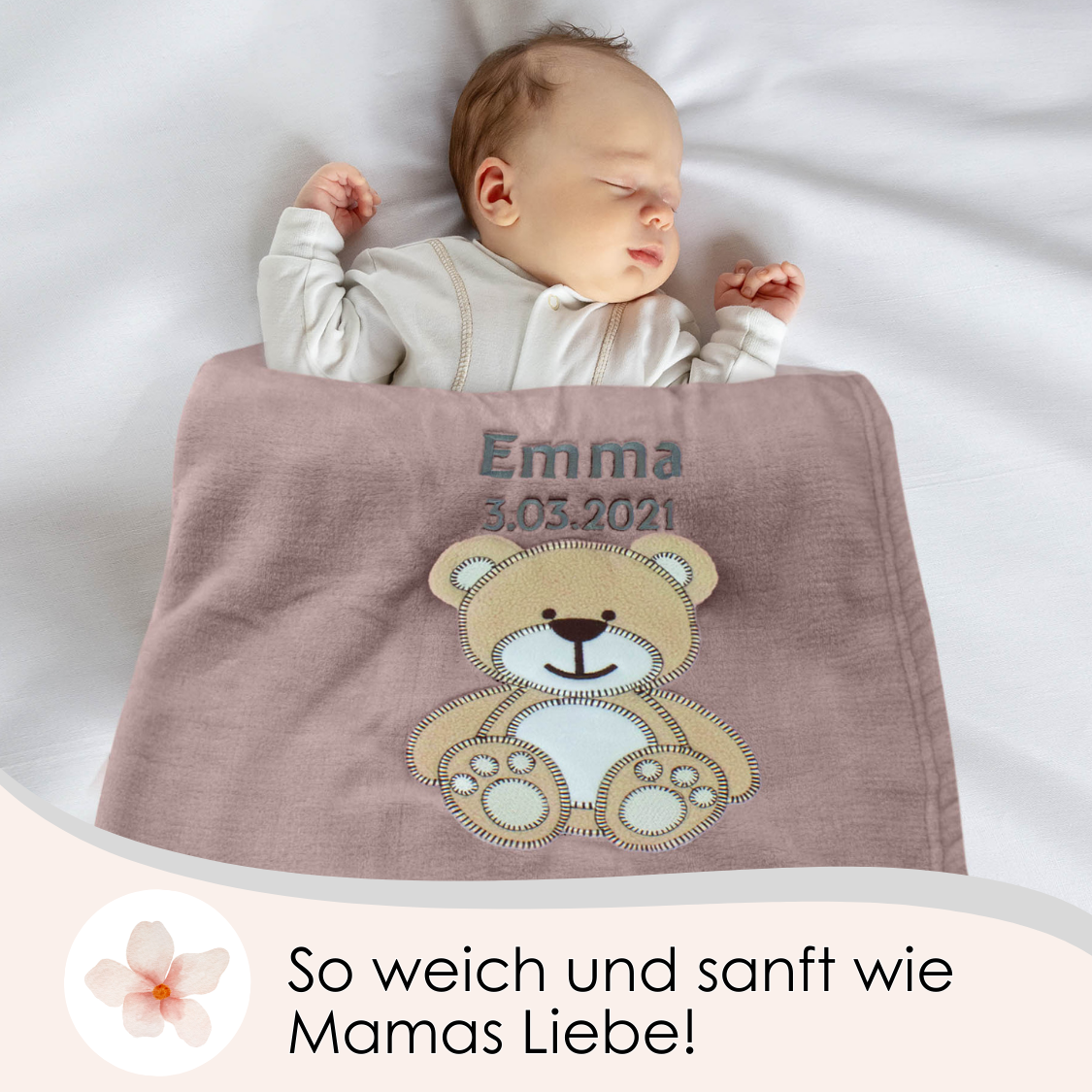 Decke Altrosa Mit Bär | Babydecke Bestickt mit Namen und Geburtsdatum