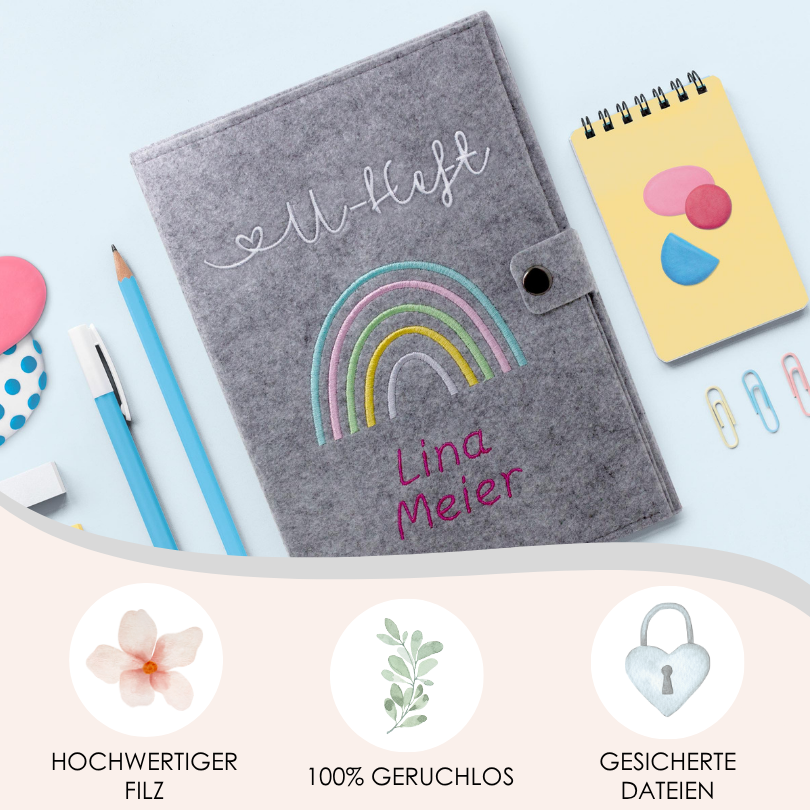 Regenbogen Pastell U-Heft und Impfpasshülle aus Filz Mit Personalisierung