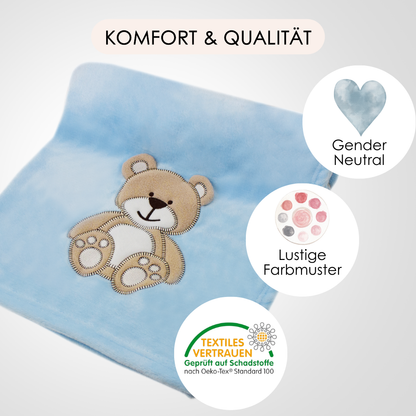Decke Blau Mit Bär | Babydecke Bestickt