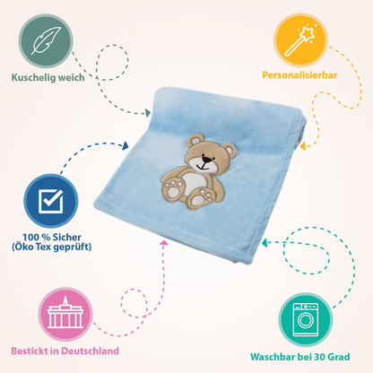 Decke Blau Mit Bär | Babydecke Bestickt