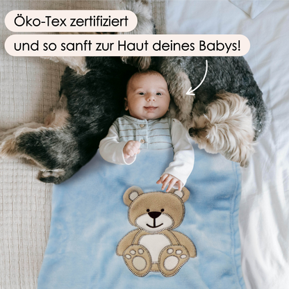 Decke Blau Mit Bär | Babydecke Bestickt
