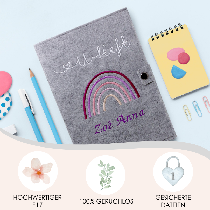 Regenbogen Rosa U-Heft und Impfpasshülle aus Filz Mit Personalisierung