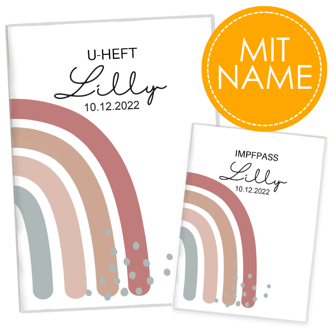 Regenbogen Altrosa U-Heft und Impfpasshülle Mit Personalisierung