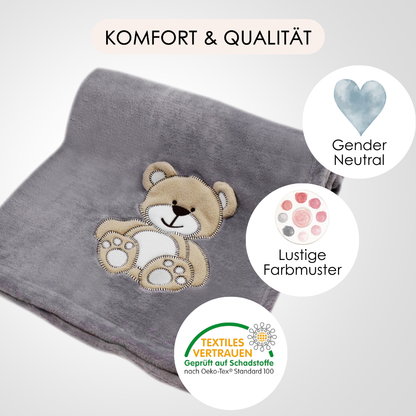 Decke Grau Mit Bär | Babydecke Bestickt