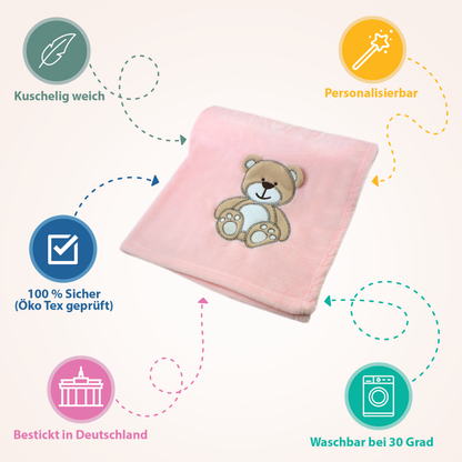 Decke Rosa Mit Bär | Babydecke Bestickt