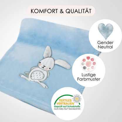 Decke Blau Mit Hase | Babydecke Bestickt