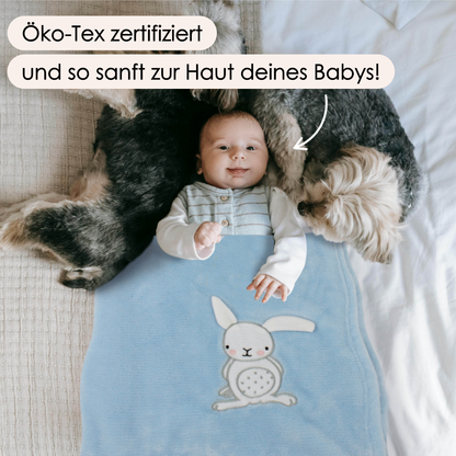 Decke Blau Mit Hase | Babydecke Bestickt