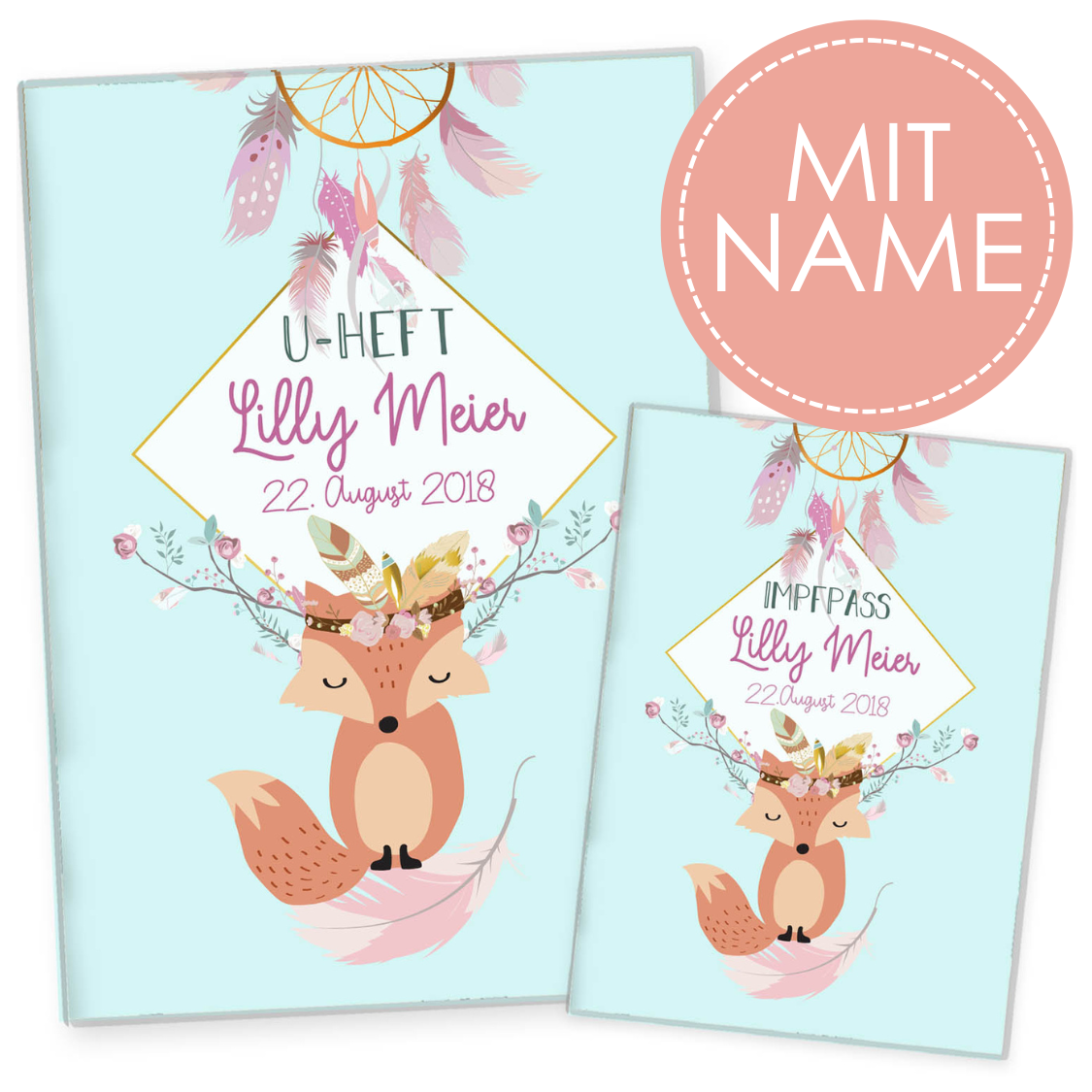 Boho Fuchs Blau U-Heft und Impfpasshülle Mit Personalisierung