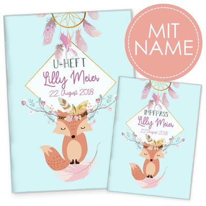 Boho Fuchs Blau U-Heft und Impfpasshülle Mit Personalisierung
