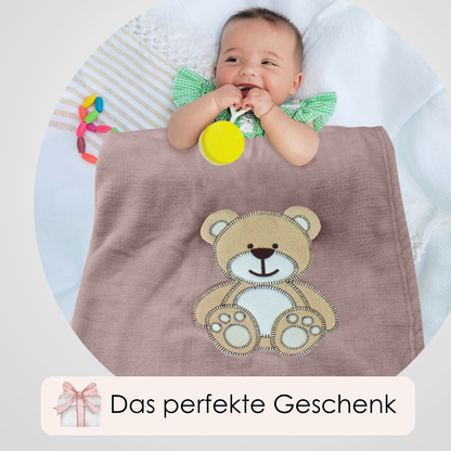 Decke Altrosa Mit Bär | Babydecke Bestickt