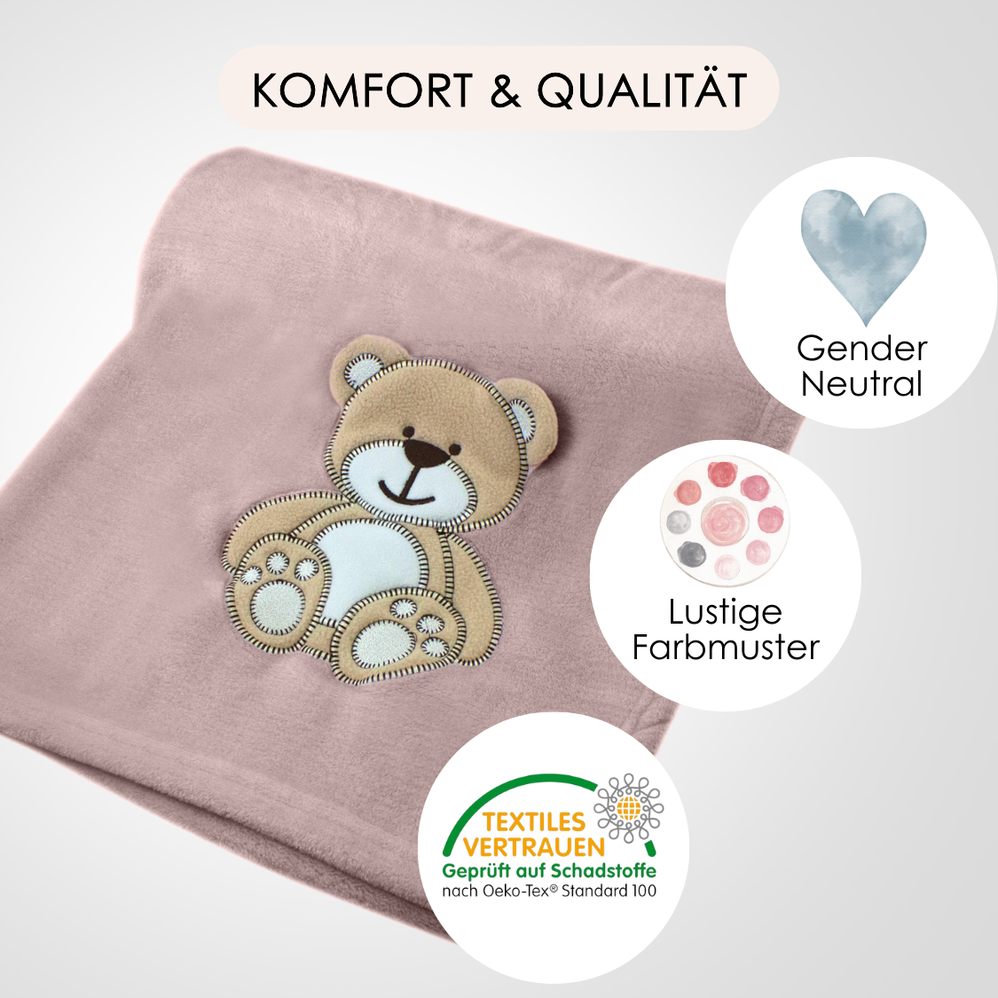 Decke Altrosa Mit Bär | Babydecke Bestickt