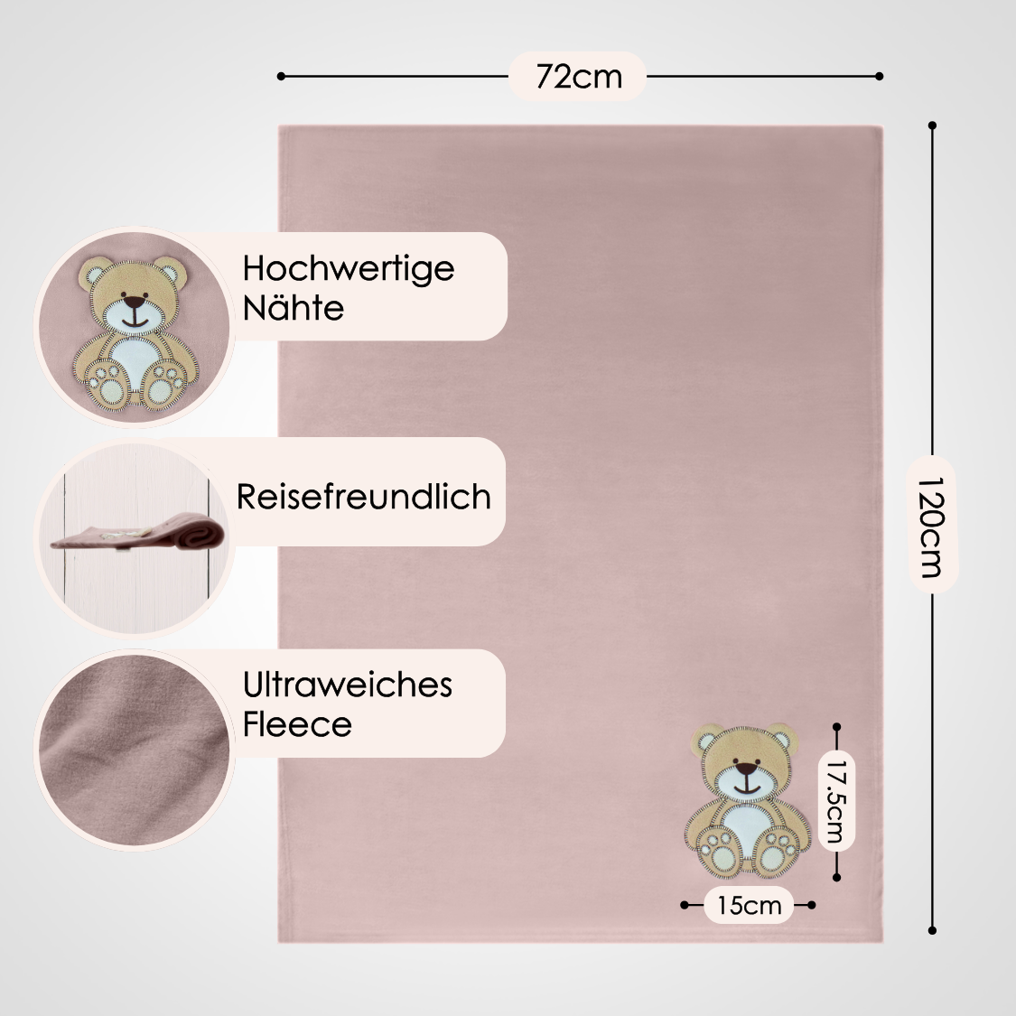Decke Altrosa Mit Bär | Babydecke Bestickt