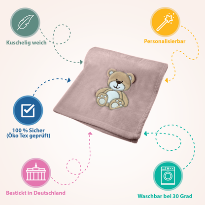 Decke Altrosa Mit Bär | Babydecke Bestickt