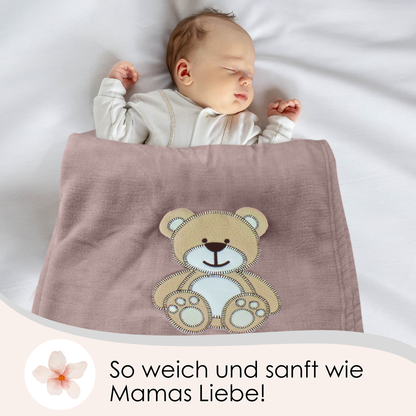 Decke Altrosa Mit Bär | Babydecke Bestickt