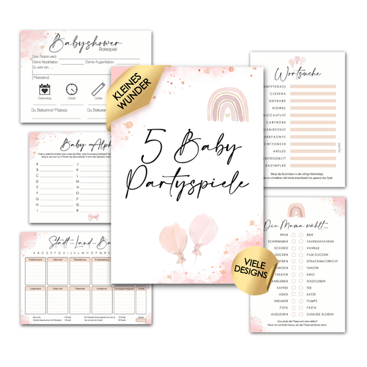 Rosa | 5 Babyparty Spiele für 12 Spieler - Babyparty Geschenk, Karten zum Ausfüllen Partyspiele Babyshower