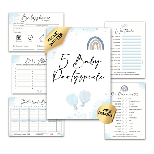 Blau | 5 Babyparty Spiele für 12 Spieler - Babyparty Geschenk, Karten zum Ausfüllen Partyspiele Babyshower