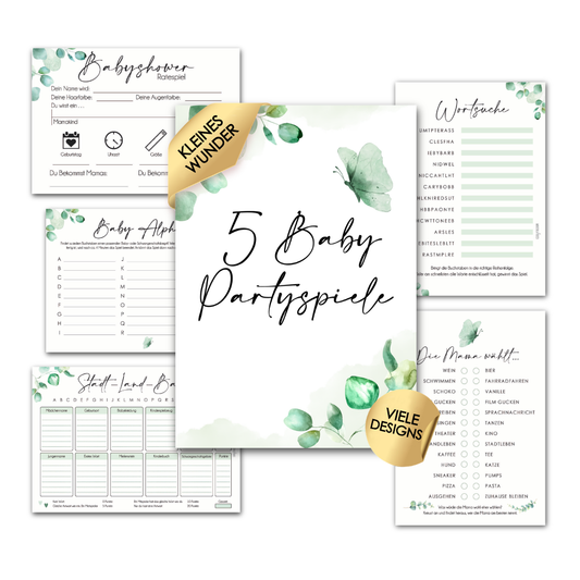 Eukalyptus | 5 Babyparty Spiele für 12 Spieler - Babyparty Geschenk, Karten zum Ausfüllen Partyspiele Babyshower