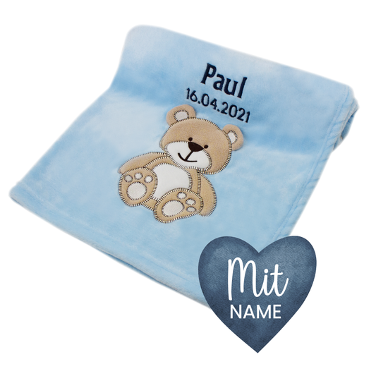 Decke Blau Mit Bär | Babydecke Bestickt mit Namen und Geburtsdatum