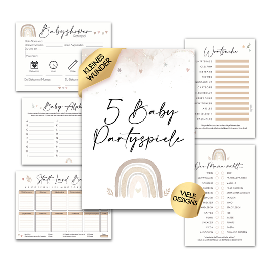 Glamour | 5 Babyparty Spiele für 12 Spieler - Babyparty Geschenk, Karten zum Ausfüllen Partyspiele Babyshower