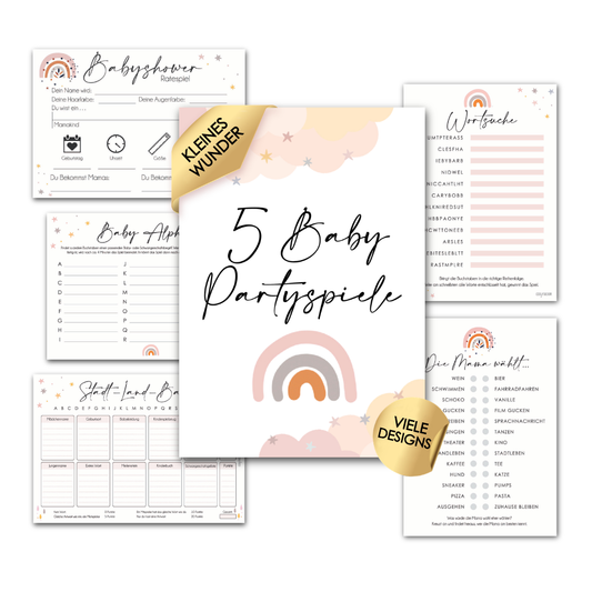 Wolken | 5 Babyparty Spiele für 12 Spieler - Babyparty Geschenk, Karten zum Ausfüllen Partyspiele Babyshower