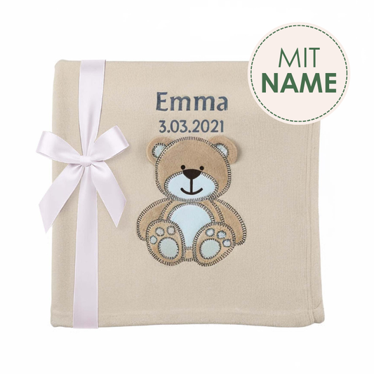 Decke Vanille Mit Bär | Babydecke Bestickt mit Namen und Geburtsdatum