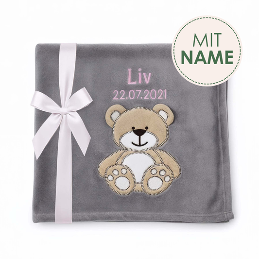 Decke Grau Mit Bär | Babydecke Bestickt mit Namen und Geburtsdatum