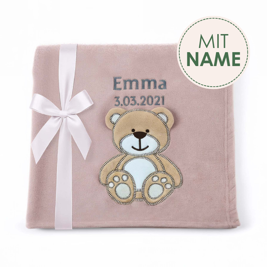 Decke Altrosa Mit Bär | Babydecke Bestickt mit Namen und Geburtsdatum