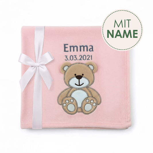 Decke Rosa Mit Bär | Babydecke Bestickt mit Namen und Geburtsdatum
