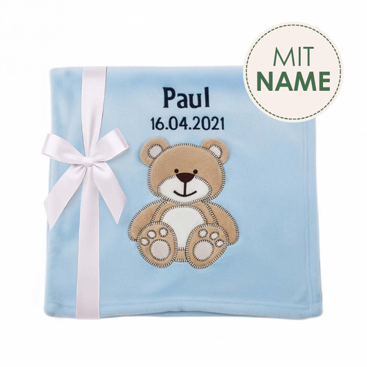 Decke Blau Mit Bär | Babydecke Bestickt mit Namen und Geburtsdatum