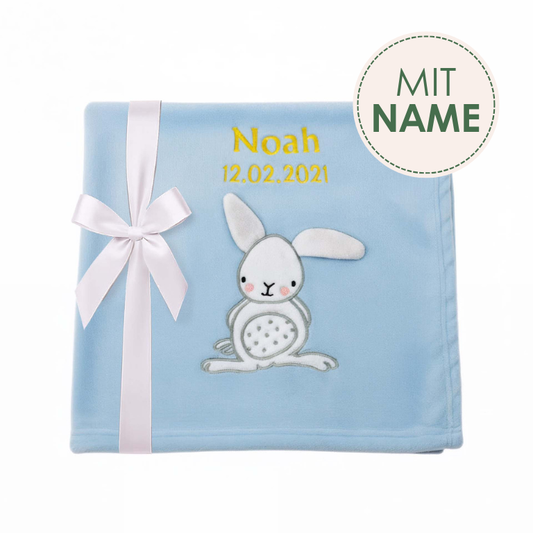 Decke Blau Mit Hase | Babydecke Bestickt mit Namen und Geburtsdatum