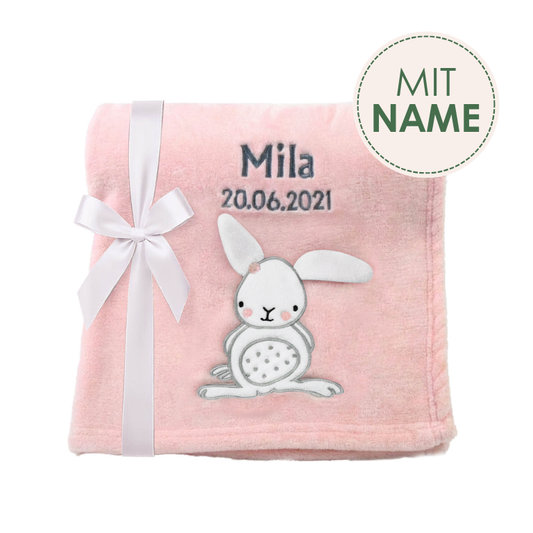 Decke Rosa Mit Hase | Babydecke Bestickt mit Namen und Geburtsdatum