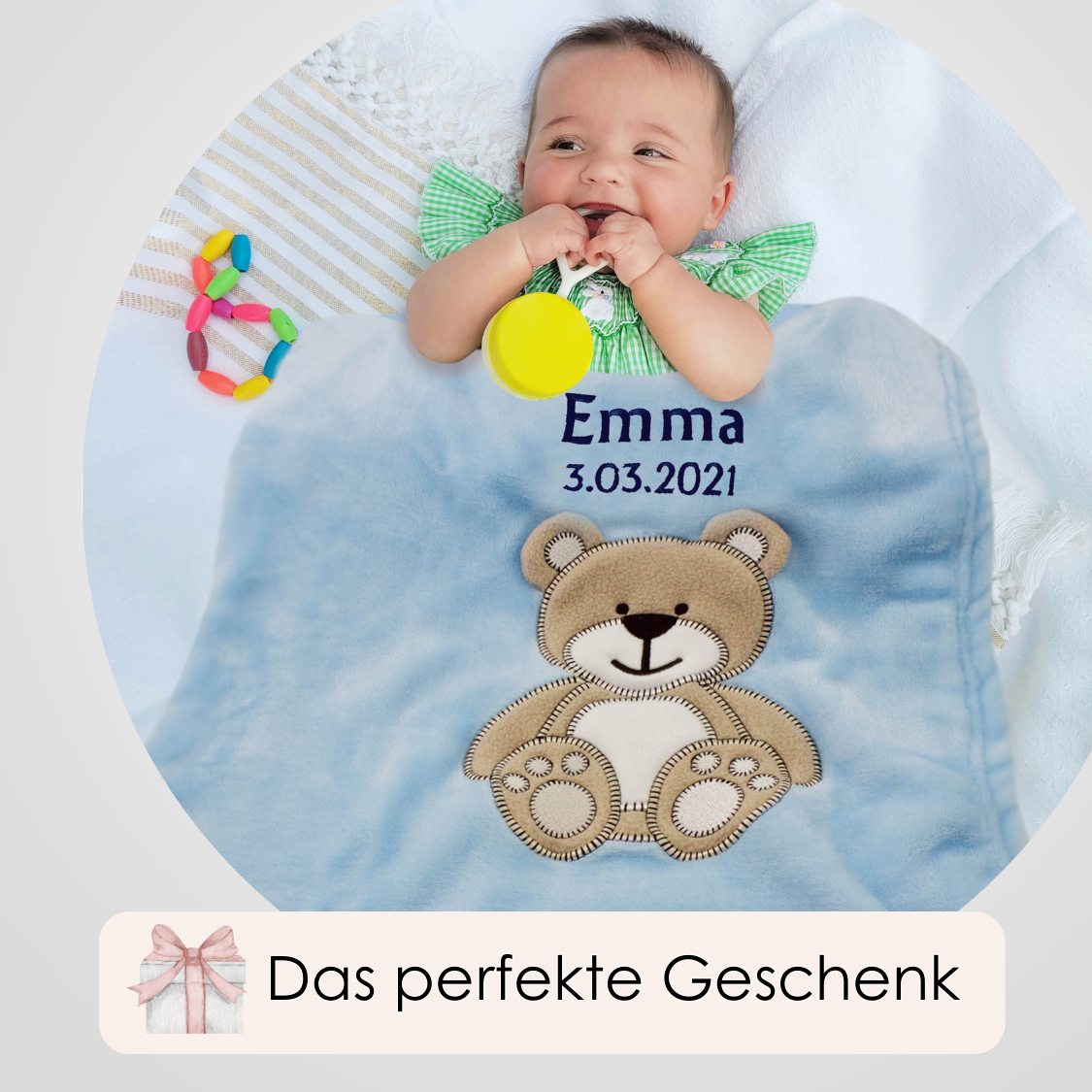 Decke Blau Mit Bär | Babydecke Bestickt mit Namen und Geburtsdatum